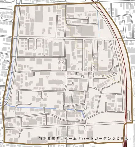 辻町とその周辺の地図。町の範囲を重ねている