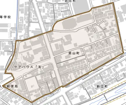築山町とその周辺の地図。町の範囲を重ねている