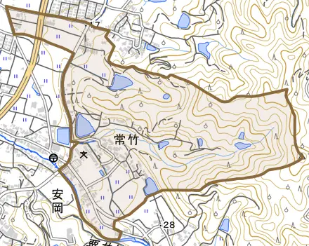 常竹とその周辺の地図。町の範囲を重ねている
