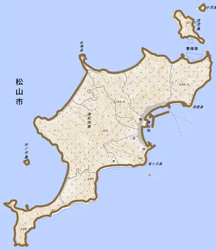 津和地とその周辺の地図。町の範囲を重ねている