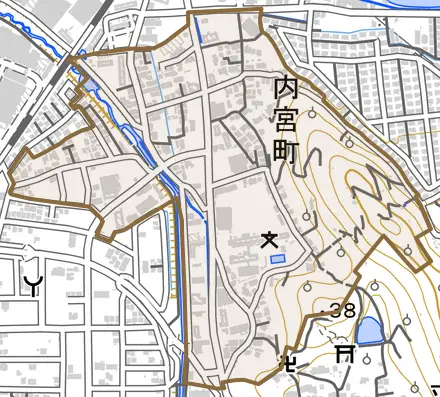 内宮町とその周辺の地図。町の範囲を重ねている