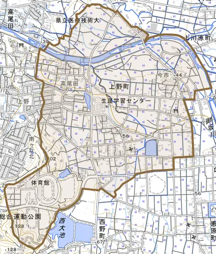 上野町とその周辺の地図。町の範囲を重ねている