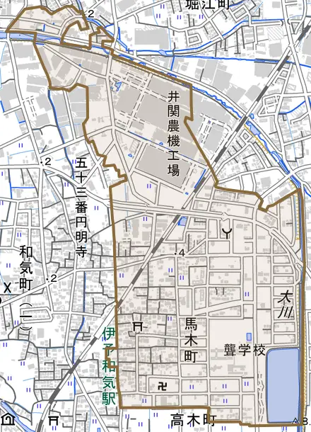 馬木町とその周辺の地図。町の範囲を重ねている