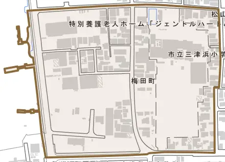 梅田町とその周辺の地図。町の範囲を重ねている