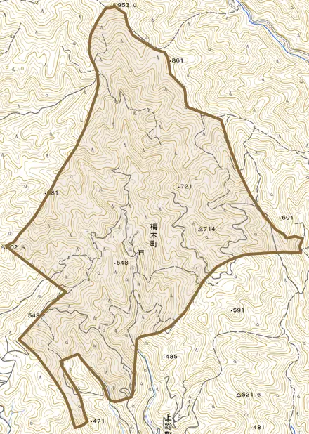 梅木町とその周辺の地図。町の範囲を重ねている