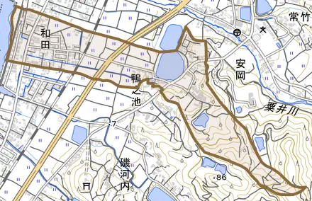 和田とその周辺の地図。町の範囲を重ねている
