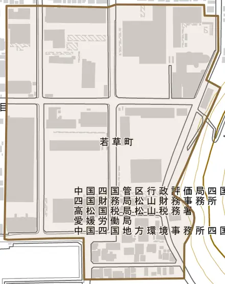 若草町とその周辺の地図。町の範囲を重ねている