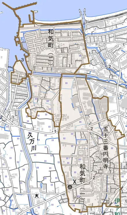 和気町とその周辺の地図。町の範囲を重ねている
