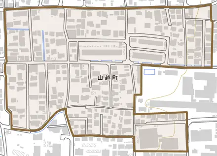 山越町とその周辺の地図。町の範囲を重ねている