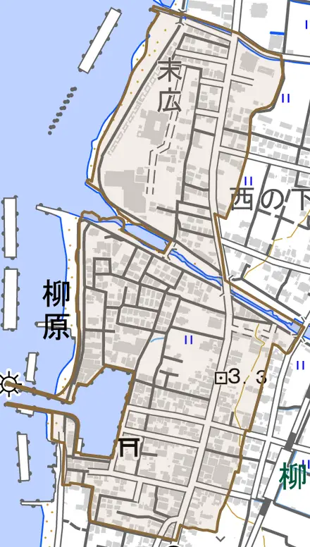 柳原とその周辺の地図。町の範囲を重ねている