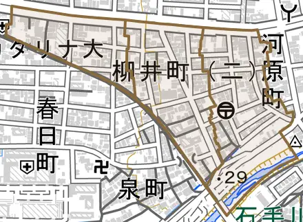 柳井町とその周辺の地図。町の範囲を重ねている