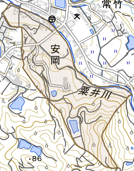 安岡とその周辺の地図。町の範囲を重ねている