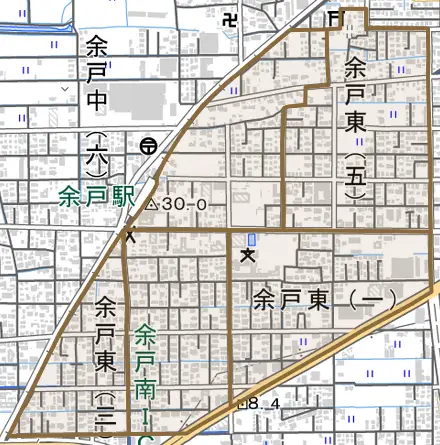 余戸東とその周辺の地図。町の範囲を重ねている