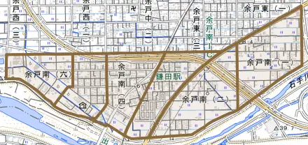 余戸南とその周辺の地図。町の範囲を重ねている