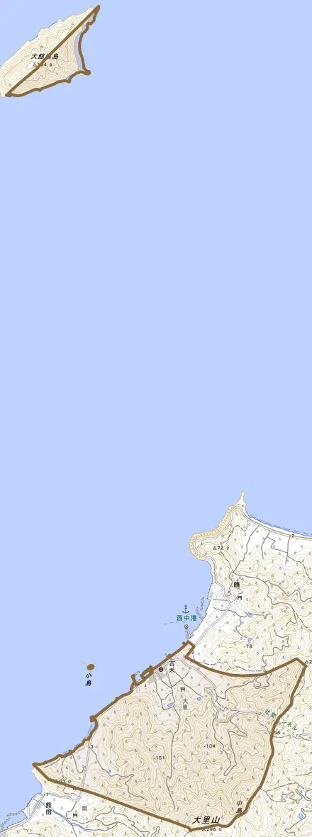 吉木とその周辺の地図。町の範囲を重ねている