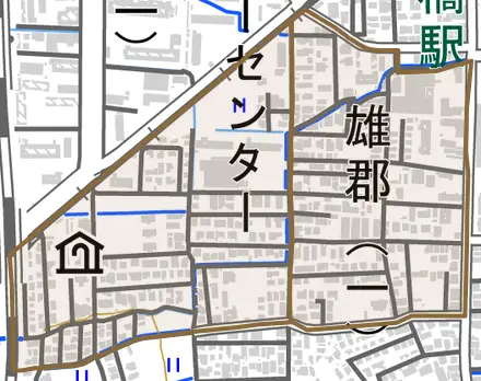 雄郡とその周辺の地図。町の範囲を重ねている