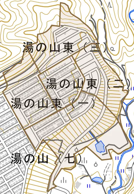 湯の山東とその周辺の地図。町の範囲を重ねている