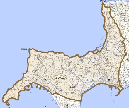 由良町とその周辺の地図。町の範囲を重ねている