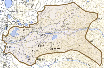 善応寺とその周辺の地図。町の範囲を重ねている