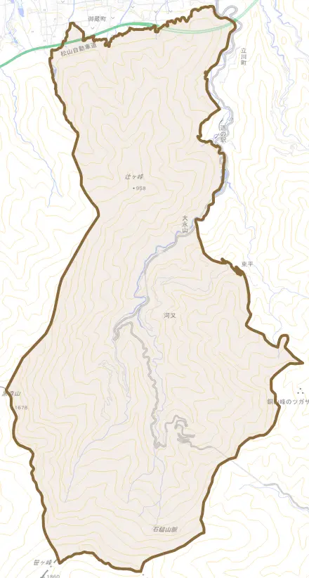 大永山とその周辺の地図。町の範囲を重ねている