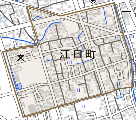 江口町とその周辺の地図。町の範囲を重ねている