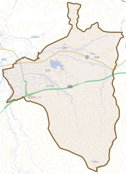 船木とその周辺の地図。町の範囲を重ねている