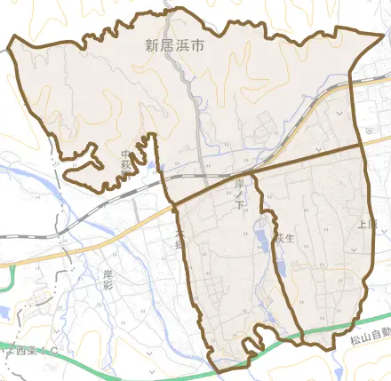 萩生とその周辺の地図。町の範囲を重ねている