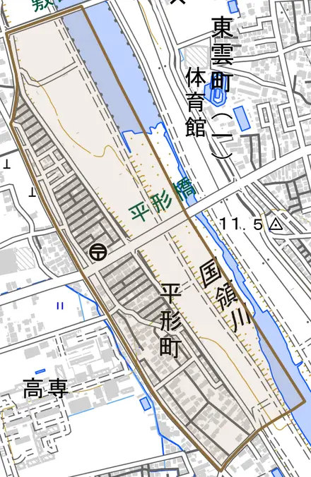 平形町とその周辺の地図。町の範囲を重ねている