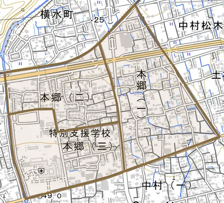 本郷とその周辺の地図。町の範囲を重ねている