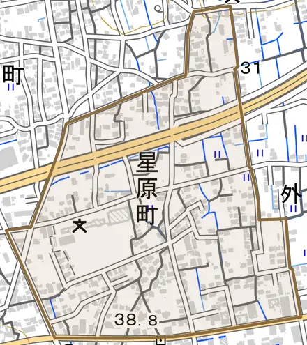 星原町とその周辺の地図。町の範囲を重ねている