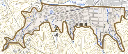 星越町とその周辺の地図。町の範囲を重ねている