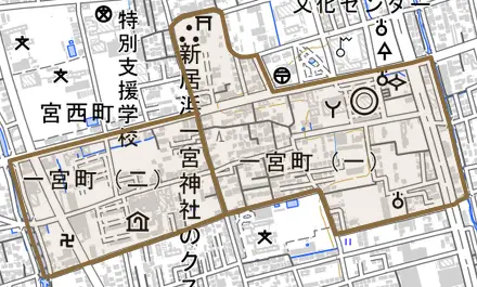 一宮町とその周辺の地図。町の範囲を重ねている
