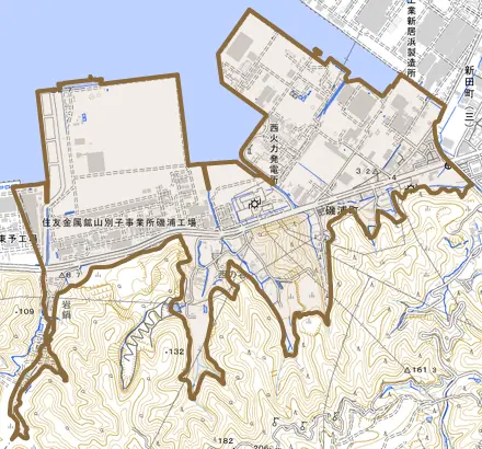 磯浦町とその周辺の地図。町の範囲を重ねている