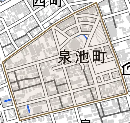 泉池町とその周辺の地図。町の範囲を重ねている