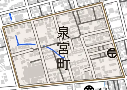 泉宮町とその周辺の地図。町の範囲を重ねている