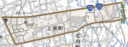 上泉町とその周辺の地図。町の範囲を重ねている