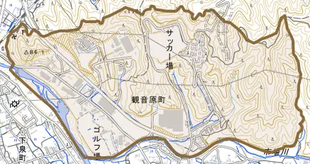 観音原町とその周辺の地図。町の範囲を重ねている