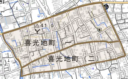 喜光地町とその周辺の地図。町の範囲を重ねている