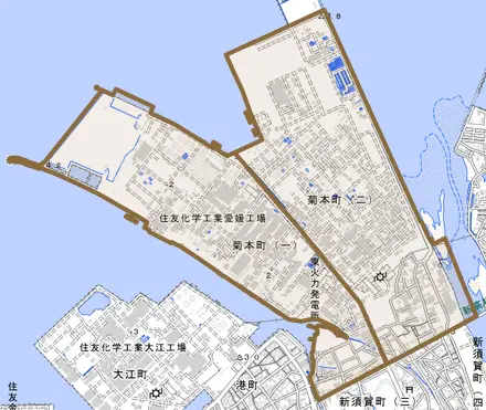 菊本町とその周辺の地図。町の範囲を重ねている