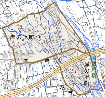 岸の上町とその周辺の地図。町の範囲を重ねている