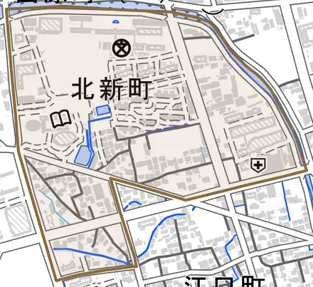北新町とその周辺の地図。町の範囲を重ねている
