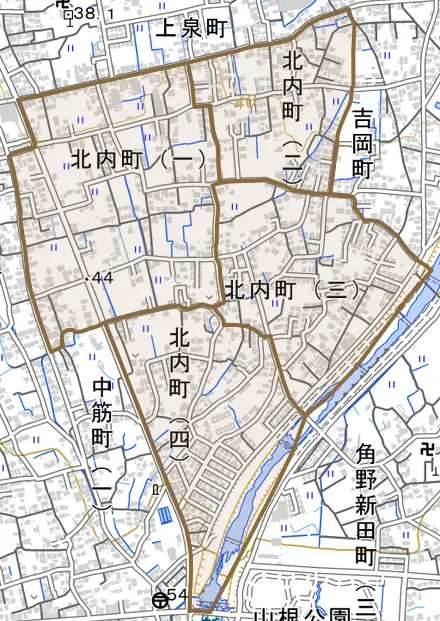 北内町とその周辺の地図。町の範囲を重ねている