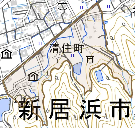 清住町とその周辺の地図。町の範囲を重ねている