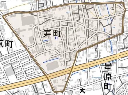 寿町とその周辺の地図。町の範囲を重ねている