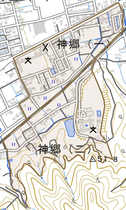 神郷とその周辺の地図。町の範囲を重ねている