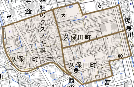久保田町とその周辺の地図。町の範囲を重ねている