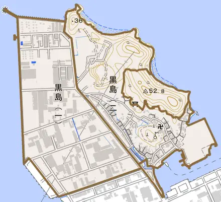 黒島とその周辺の地図。町の範囲を重ねている