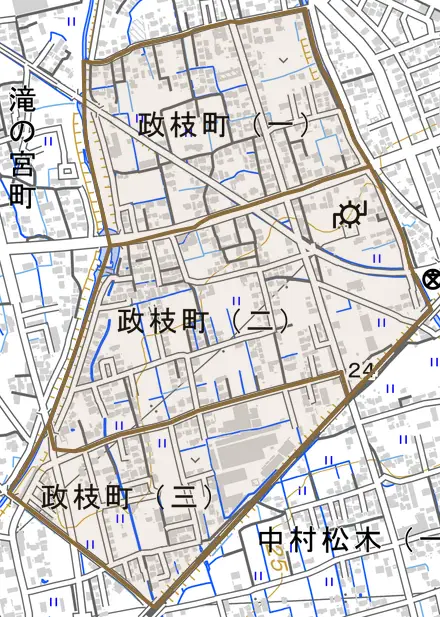 政枝町とその周辺の地図。町の範囲を重ねている