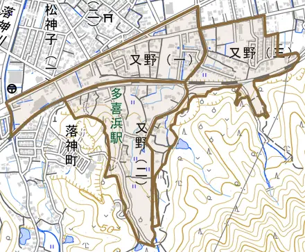 又野とその周辺の地図。町の範囲を重ねている