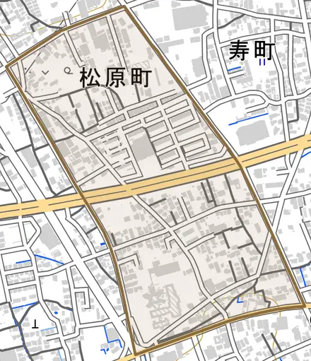 松原町とその周辺の地図。町の範囲を重ねている